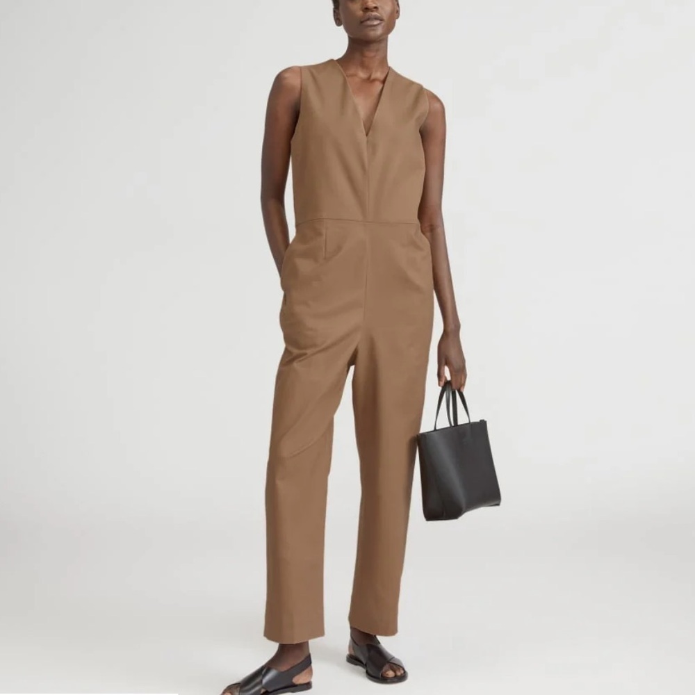 Everlane tan jumpsuit structured cotton sleeveless tailored classy preppy 00 new
